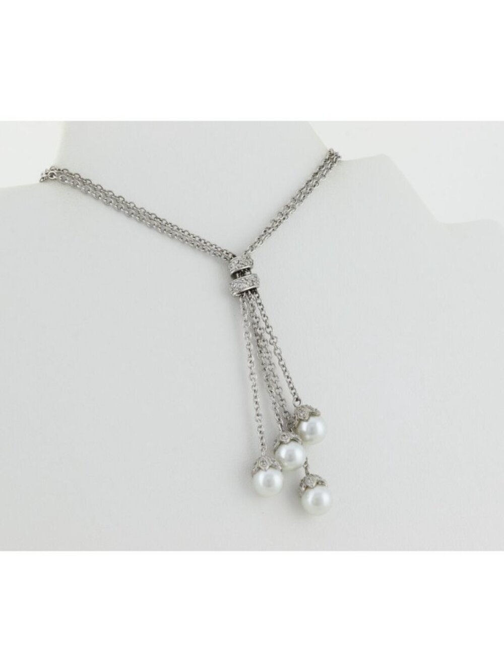 Sterling Silver Two Strand Pearl Lariat Drop Necklace 16" to 18" - Picture 6 of 8